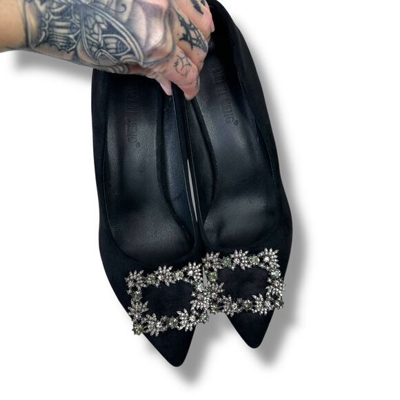 MEI TI MENG Black Embellished Pointed Toe Flared Heel Mengmei Stiletto Pumps - Picture 4 of 14